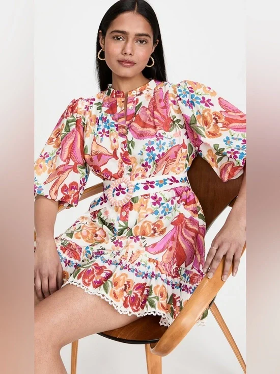 FARM Rio White Spring Bananas Belted Mini Dress - Picture 1 of 10